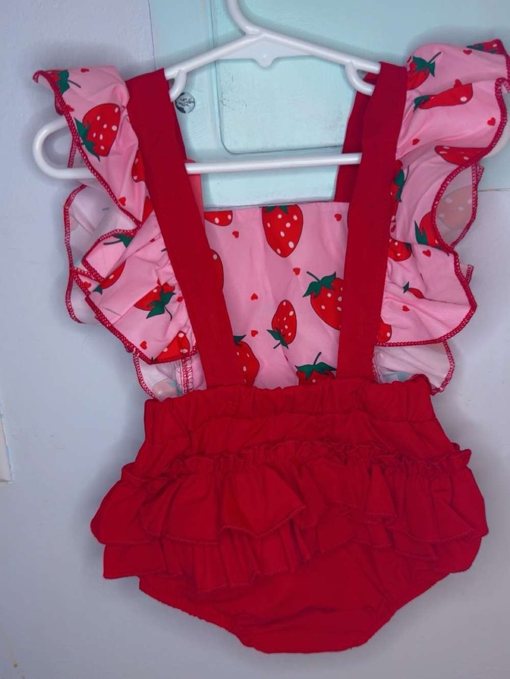 Girls Strawberry Ruffle Sunsuit - Red/Pink